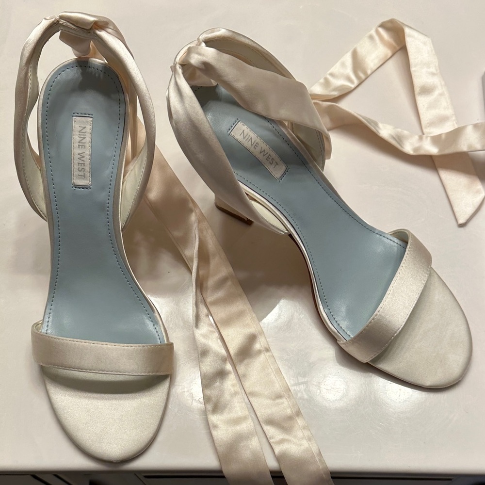 Nine West Cream Satin Kelsie Heels